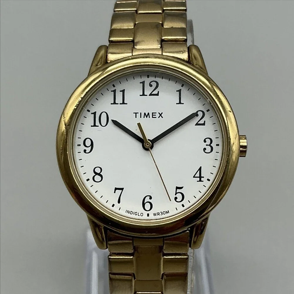 Timex Indiglo WR30M Womens Watch 30mm White Dial Gold Tone Bracelet New Battery